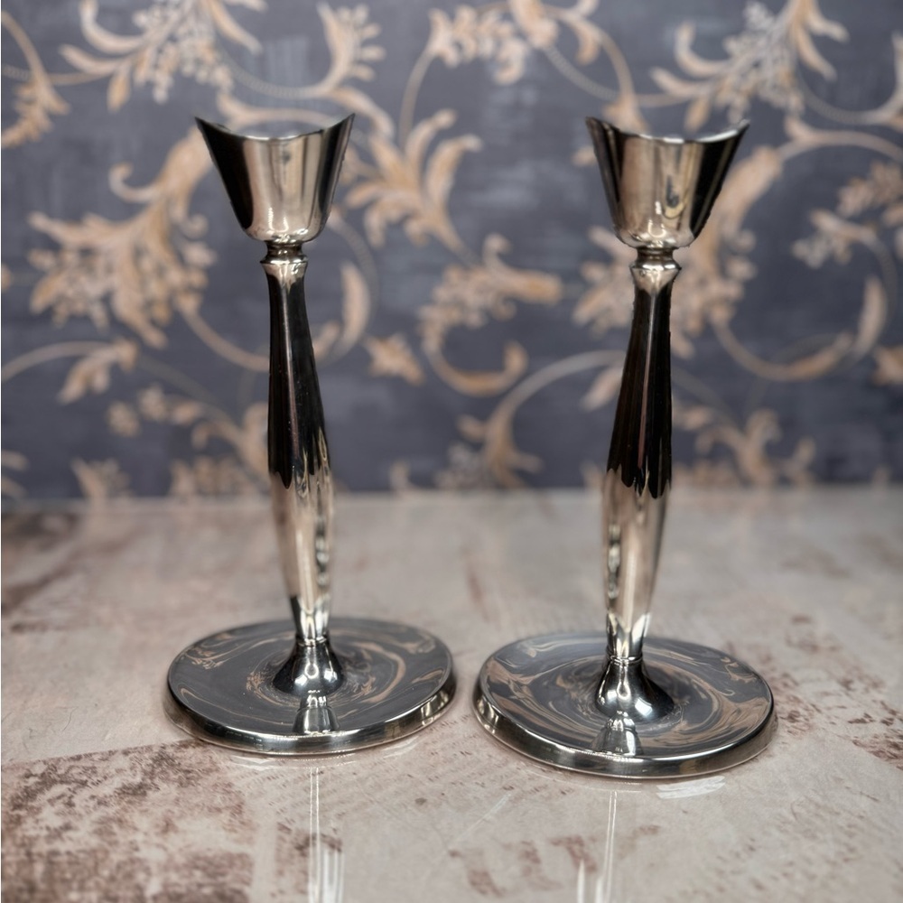 Pair of Sleek Silver Metal Candlesticks